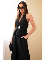 Dámský viskózový komplet s vázaným topem a kalhotami se širokou nohavicí černý