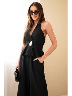 Dámský viskózový komplet s vázaným topem a kalhotami se širokou nohavicí černý