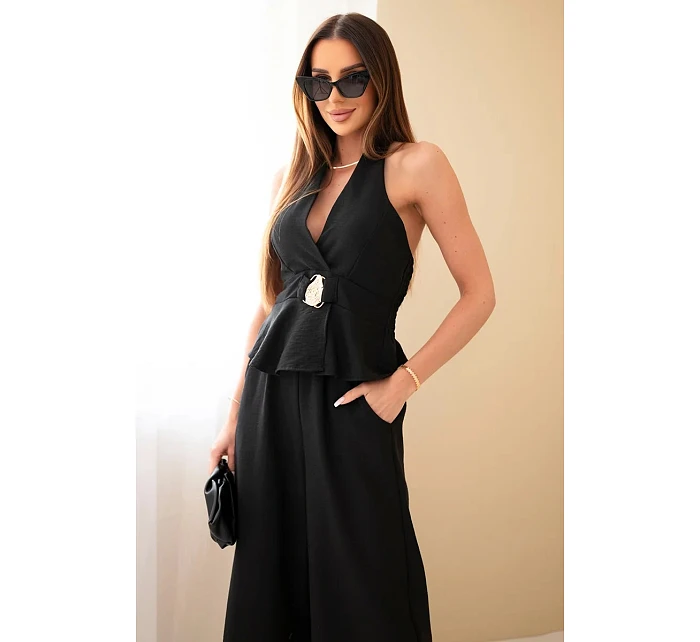 Dámský viskózový komplet s vázaným topem a kalhotami se širokou nohavicí černý