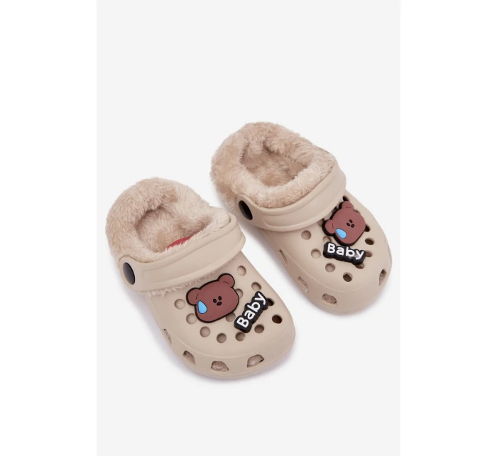 Pěnové dětské pantofle s vypolstrovaným kožíškem a přezkami Khaki Cerelle