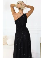 model 21941593 Dlouhé třpytivé večerní šaty na jedno rameno klasické černé - numoco basic