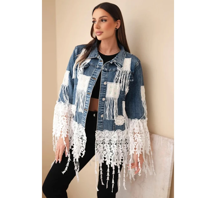 Dámská džínová bunda bavlněná s třásněmi a krajkou v boho stylu tmavě džínová
