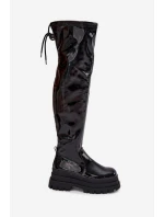 Lakované Kozačky Nad Kolena Na Masivní Platformě Černé Ravela Lakované Kozačky Nad Kolena Na Masivní Platformě Černé Ravela