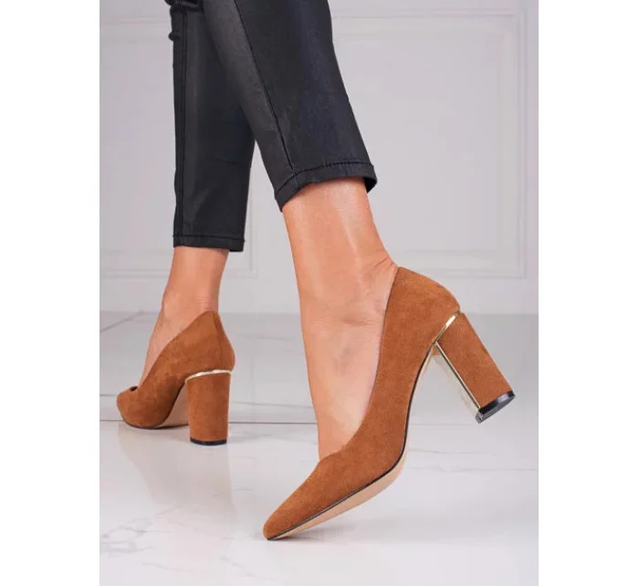 Dámské semišové lodičky na sloupkovém podpatku Camel hnědá model 18790082 - Inello