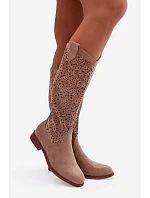 Dámské perforované kozačky na nízkém podpatku HY61-8023 Béžová - S.Barski