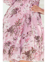 Špinavě růžové dámské šifonové šaty s výstřihem se zavazováním a s květinovým vzorem model 18154215 - numoco