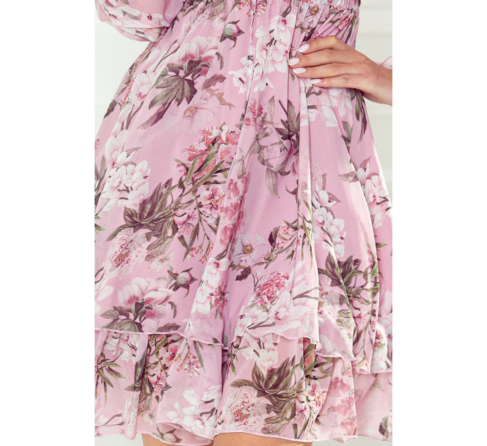 MONICA - Špinavě růžové dámské šifonové šaty s výstřihem se zavazováním a s květinovým vzorem 410-1