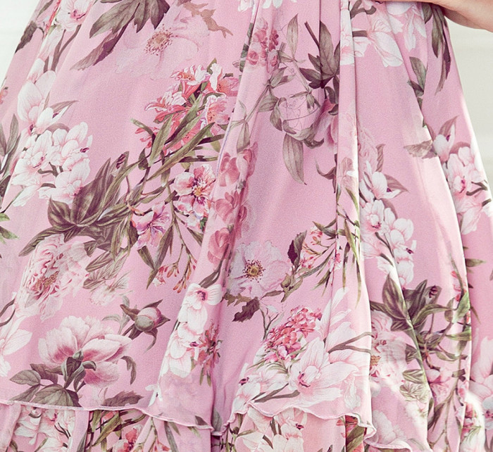 MONICA - Špinavě růžové dámské šifonové šaty s výstřihem se zavazováním a s květinovým vzorem 410-1