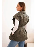 Dámská prošívaná vesta s páskem a širokým límcem khaki