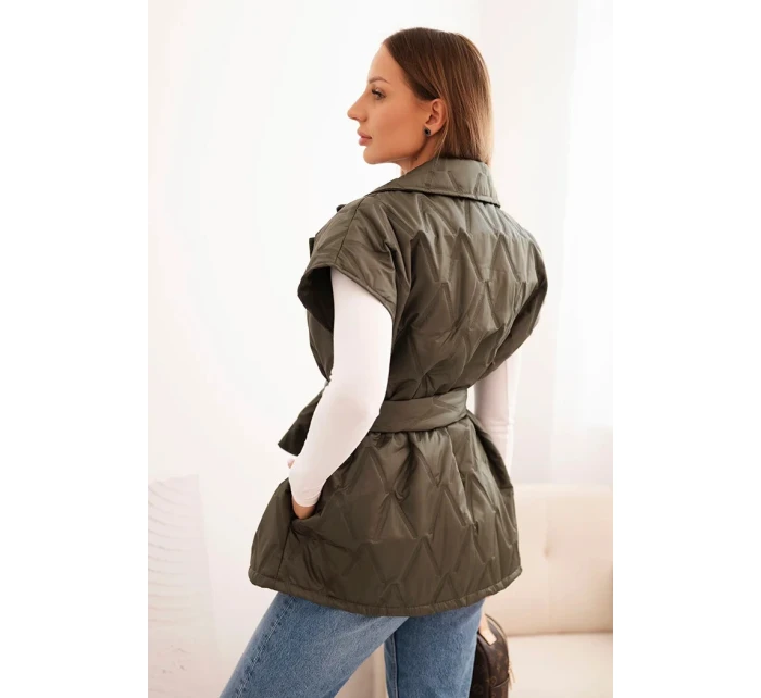 Dámská prošívaná vesta s páskem a širokým límcem khaki