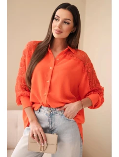 Dámská viskózová košile s krajkovými rukávy a límečkem béžová