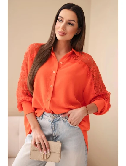 Dámská viskózová košile s krajkovými rukávy a límečkem béžová