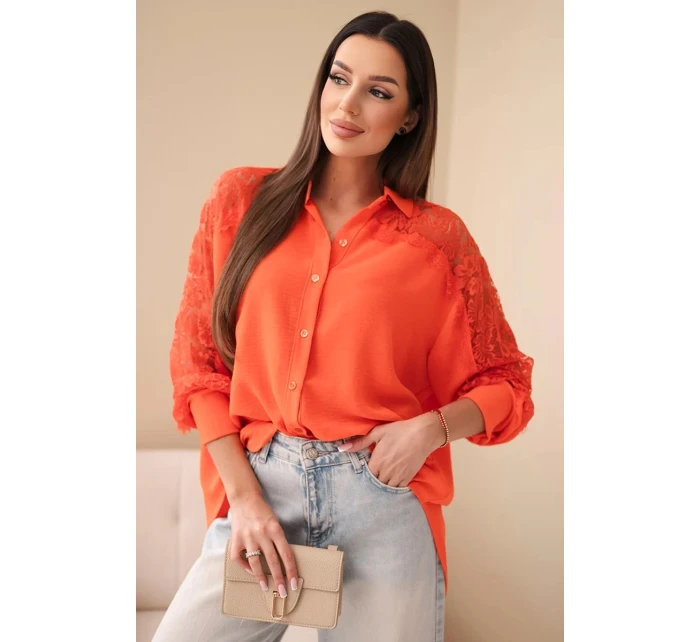 Dámská viskózová košile s krajkovými rukávy a límečkem béžová