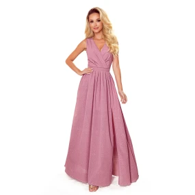 JUSTINE - Dlouhé dámské šaty v pudrově růžové barvě s brokátem, s výstřihem a zavazováním 362-1