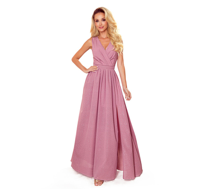 JUSTINE - Dlouhé dámské šaty v pudrově růžové barvě s brokátem, s výstřihem a zavazováním 362-1