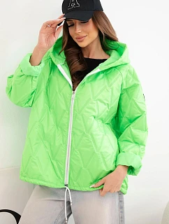 Dámská jarní prošívaná bunda s kapucí a zipem zelený neon