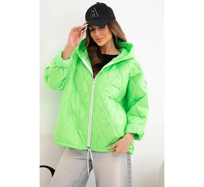 Dámská jarní prošívaná bunda s kapucí a zipem zelený neon
