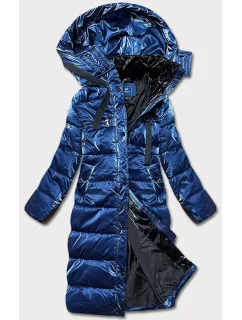 Tmavě modrá dámská lesklá péřová bunda (omdl-020)