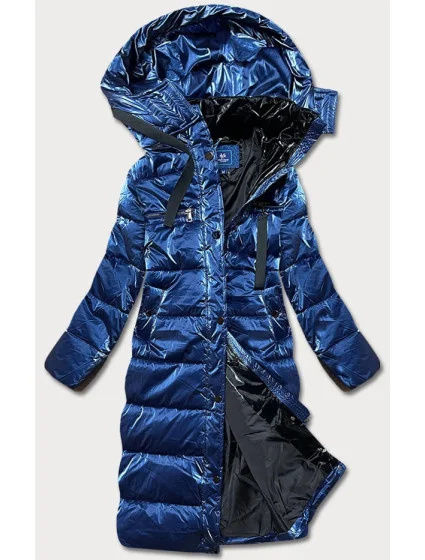 Tmavě modrá dámská lesklá péřová bunda (omdl-020)