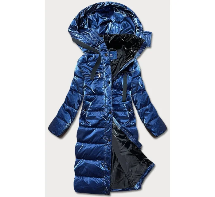 Tmavě modrá dámská lesklá péřová bunda (omdl-020)