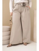 Dámské kalhoty Plus Size s širokou nohavicí a ozdobným květem v pase béžové
