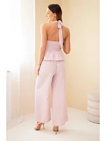 Dámský viskózový komplet top na zavazování a kalhoty se širokou nohavicí růžový