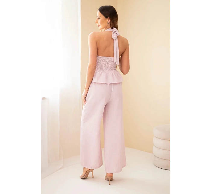 Dámský viskózový komplet top na zavazování a kalhoty se širokou nohavicí růžový