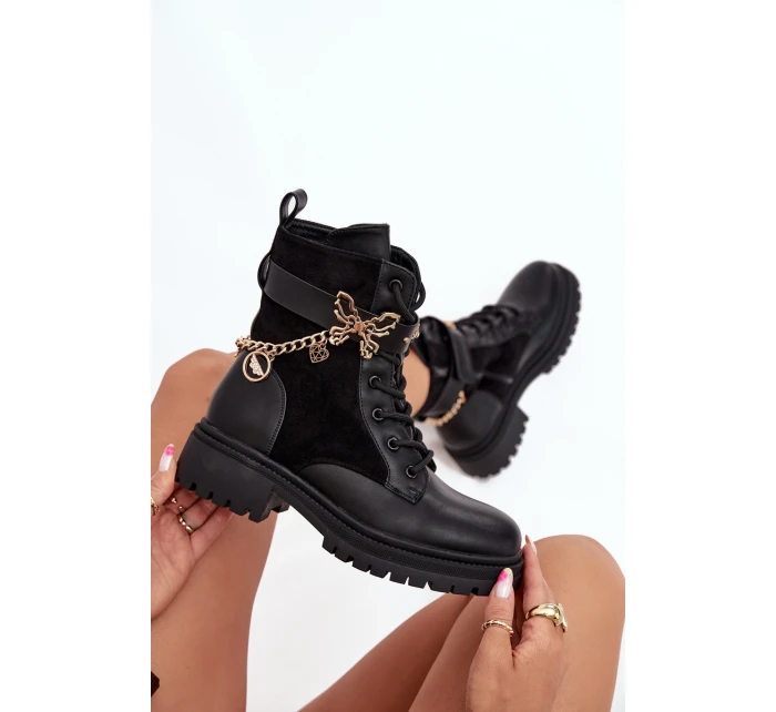Dámské Pracovní Boty Zateplené Se Zlatým Řetězem A Přívěsky Černé Vessara
