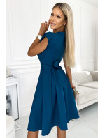 SCARLETT - Rozšířené dámské šaty v mořské barvě s přeloženým obálkovým výstřihem 348-5