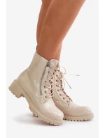 Lakované boty workerky na zip zateplené béžové Ravanthia Lakované boty workerky na zip zateplené béžové Ravanthia