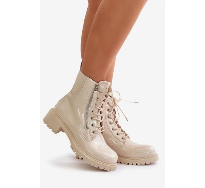 Lakované boty workerky na zip zateplené béžové Ravanthia Lakované boty workerky na zip zateplené béžové Ravanthia