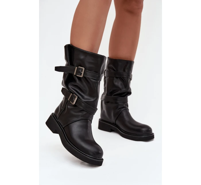 Vlnité dámské kozačky do poloviny lýtek s pásky a sponami Černé Halvessa Vlnité dámské kozačky do poloviny lýtek s pásky a sponami Černé Halvessa