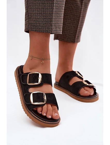 Dámské pantofle z imitace semiše s zlatými přezkami Černé model 22122722 - Boto