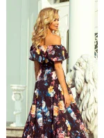 Dlouhé dámské černé šaty s barevnými květy a španělským výstřihem model 7118058