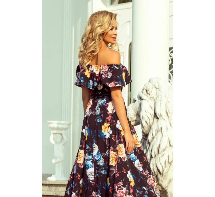 Dlouhé dámské černé šaty s barevnými květy a španělským výstřihem model 7118058