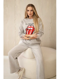 Bavlněná souprava model 20330045 potiskem teplákové + kalhoty béžový - K-Fashion