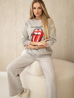 Bavlněná souprava model 20330045 potiskem teplákové + kalhoty béžový - K-Fashion