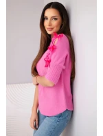 Dámský svetr s krátkým rukávem a ozdobnými mašlemi růžový