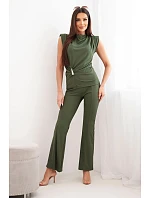 Dámský komplet s nařasením halenky a širokými kalhotami khaki