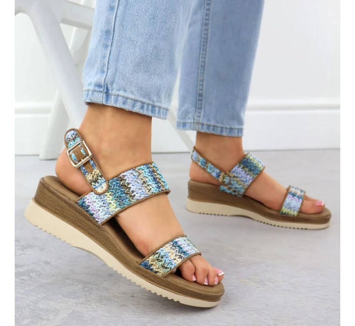 Dámské sandály na podpatku modré pletené Potocki 45302