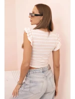 Dámská pruhovaná blůza s nařasením a volánky pudrově růžová