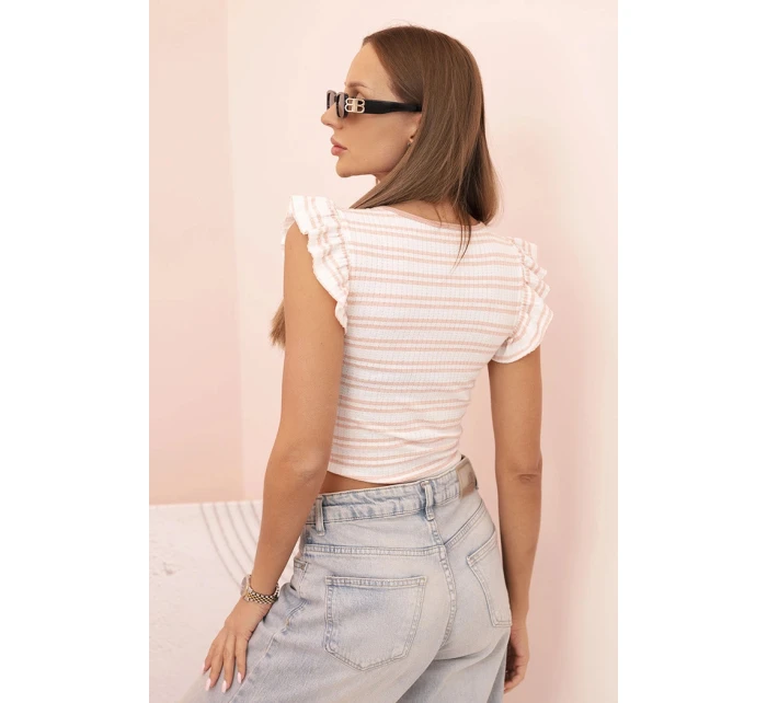 Dámská pruhovaná blůza s nařasením a volánky pudrově růžová