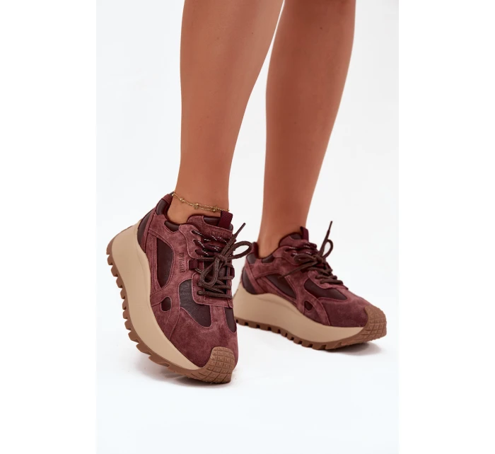 Kožené Sneakersy Na Platformě Dámské Big Star SS274625 HI-POLY SYSTEM Bordové Kožené Sneakersy Na Platformě Dámské Big Star SS274625 HI-POLY SYSTEM Bordové