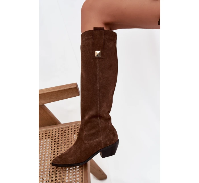 Kožené semišové kozačky zateplené  čokoládové model 21718495 - Zazoo