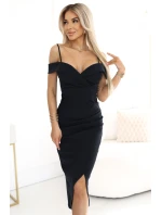 564-11 CALLIE Midi šaty s odhalenými rameny a výstřihem - černé