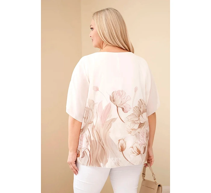 Dámská halenka Plus Size s květinovým potiskem a volným rukávem camelová