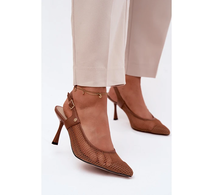 Kožené Síťované Dámské Sandály Lodičky Na Podpatku model 22123163 Hnědé - Maciejka