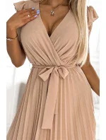 Béžové dámské plisované šaty s výstřihem a volánky model 18526728 - numoco Béžové dámské plisované šaty s výstřihem a volánky model 18526728 - numoco