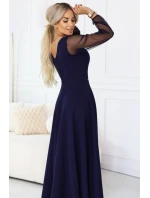 640-3 LORETTA jedinečné dlouhé šaty s tylovými rukávy a výstřihem - tmavě modré