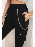 Dámské bavlněné cargo kalhoty s kapsami a řetízkem černé